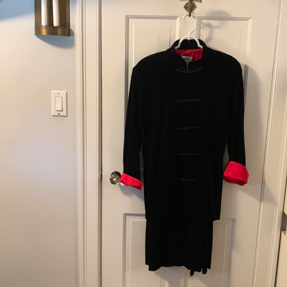 Dressy suit black velvet with red satin